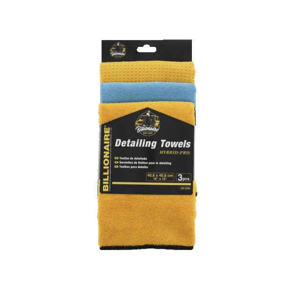 Pack 3 Paños Detailing Billionaire Kit 1 Paño Microfibra 360 gsm 1 Bayeta de Secado y 1 Bayeta Especial Cristales