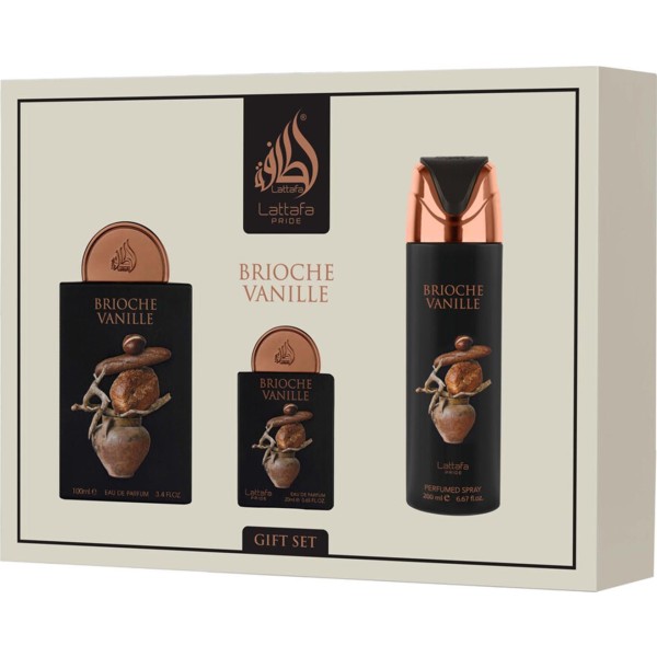 Lattafa brioche vanille eau de parfum 100ml + spray corporal perfumado 200ml vaporizador + eau de parfum 20ml
